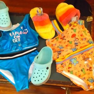 Swim wear, size 7, ugg sandles size 12, blue crocs size 12w